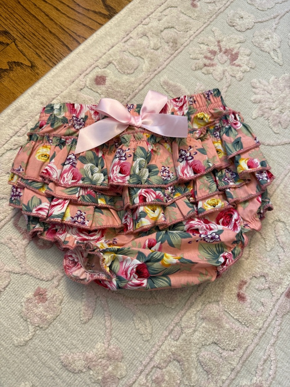 Baby Pink Floral Ruffle Bloomers with Bow